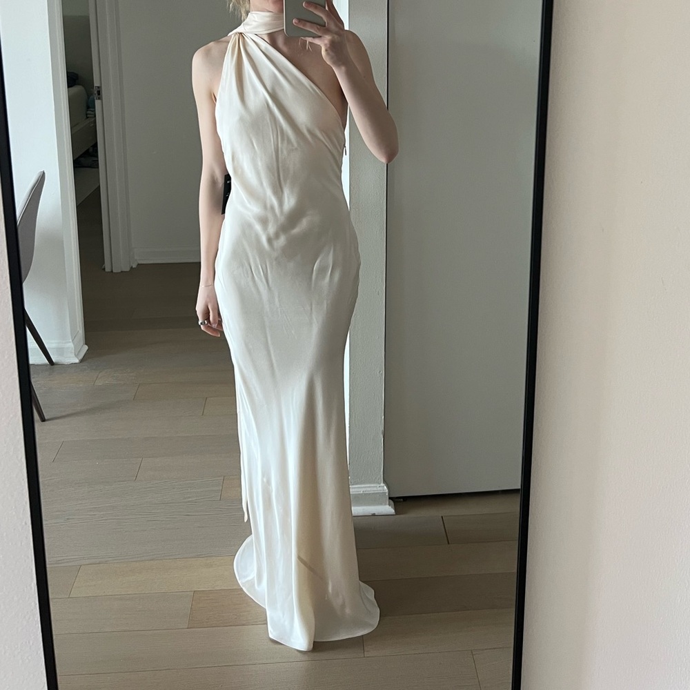 Mango Asymmetrical bow-neck Dress in Ivory